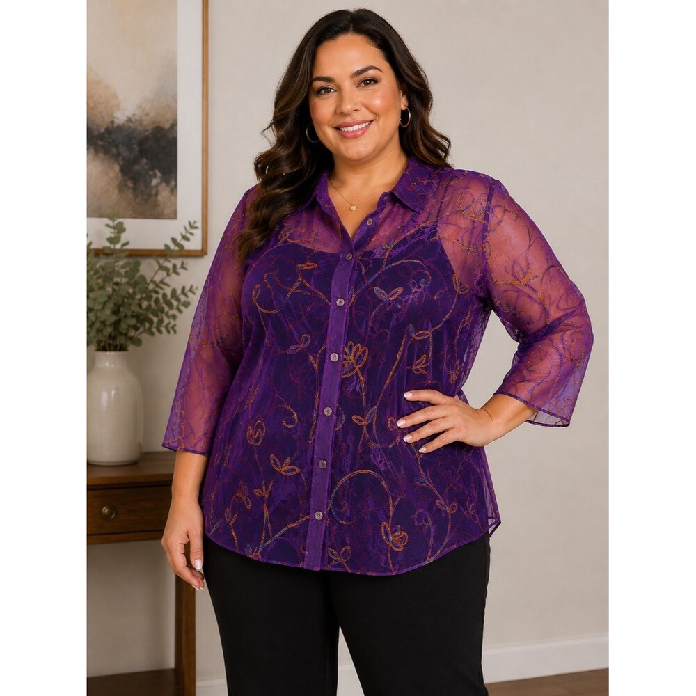 CloTHes Woman 1X Purple Embroidered Organza Jacket Sheer Floral Button Front Top